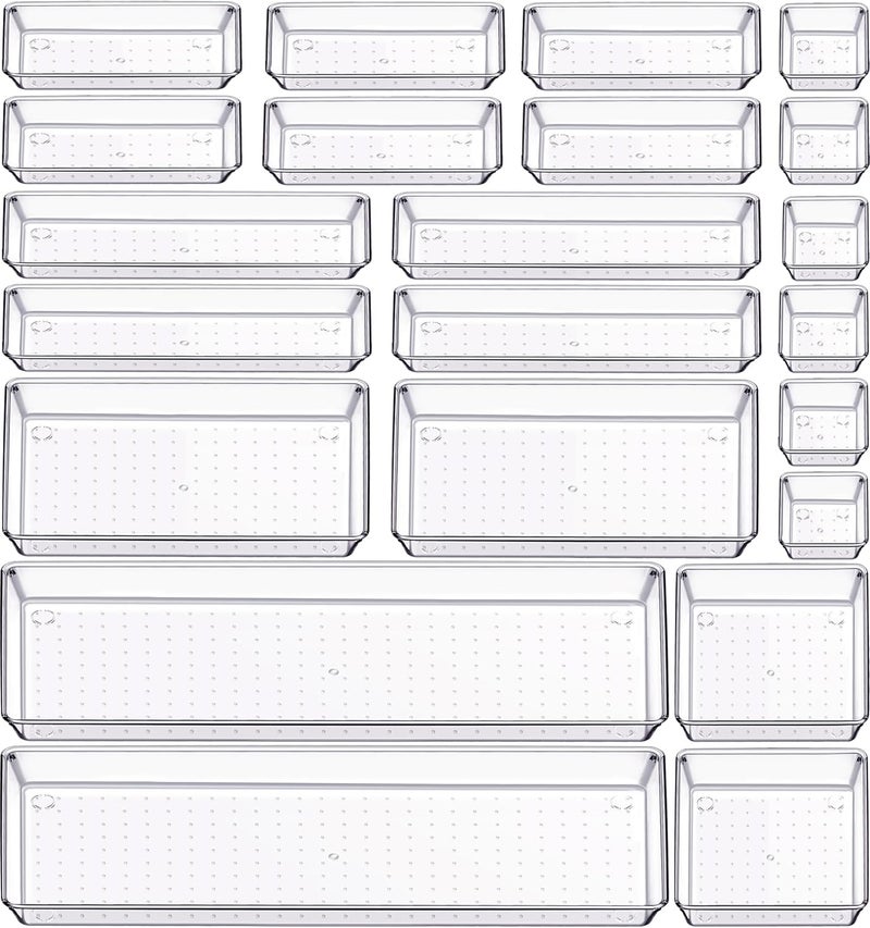 Criusia 22 Pcs Drawer Organizer Bins, Acrylic Non Slip Kitchen Drawer Organizers Storage Tray Divider, Multifunctional Storage for Cosmetics, Bathroom, Tools, Kitchen and Office - Image 1